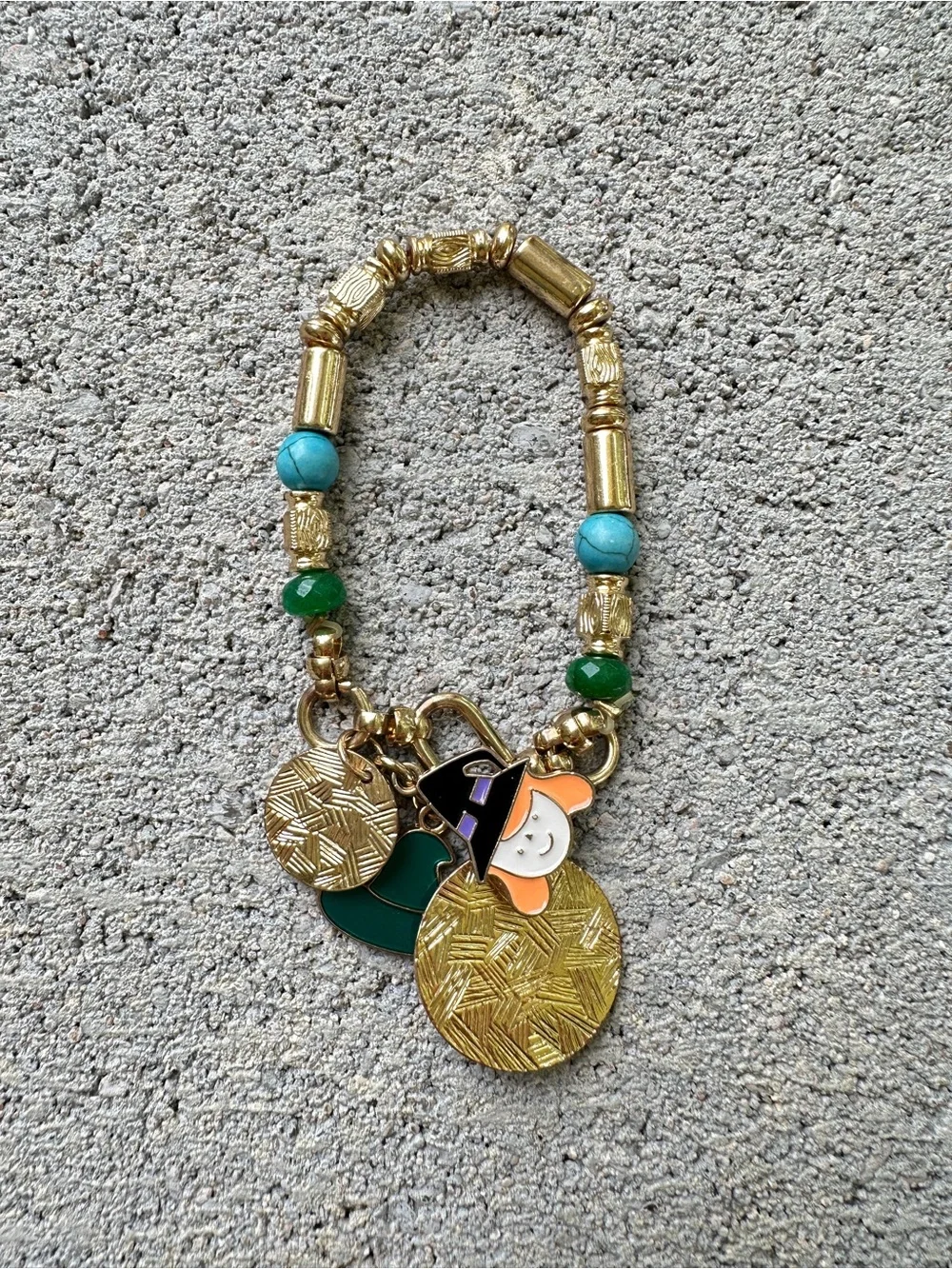 Gold-Tone Beaded Bracelet with Turquoise & Green Accents and multiple charms